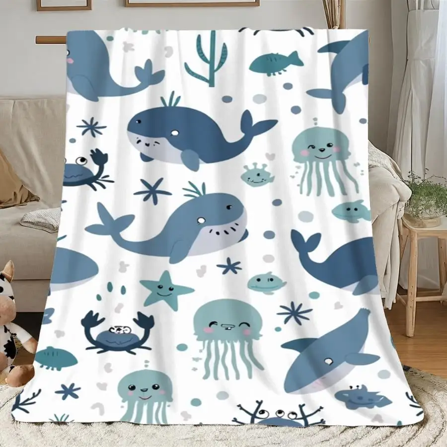 1pc Warm Premium Flannel Blanket with Playful Sea Creature Pattern, Soft 280GSM Decorative Throw for All Seasons, Perfect As Home Decoration And Holiday Gift Choice