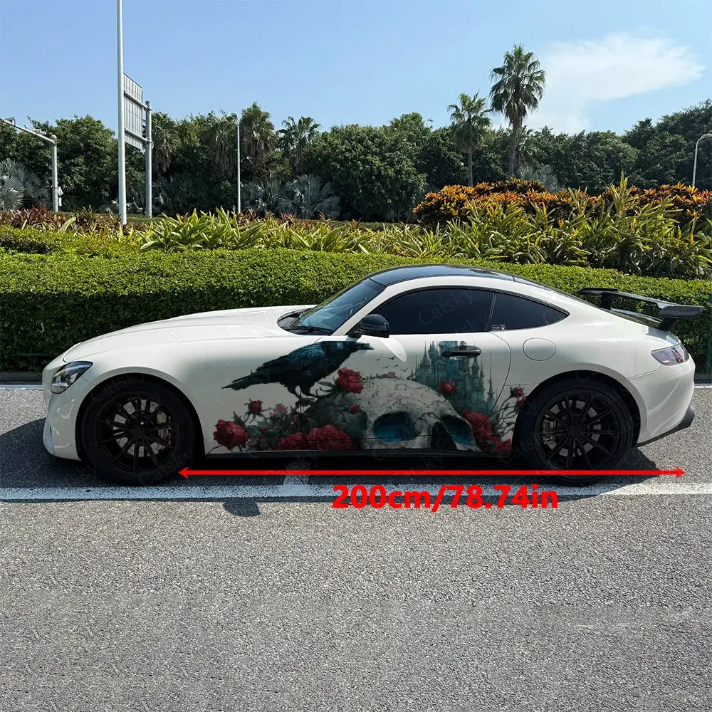 2pcs Blue Pupil Skull with Roses & Raven Car Side Wraps, Self-Adhesive PVC Waterproof & Scratch-Resistant Sticker, Car Accessory