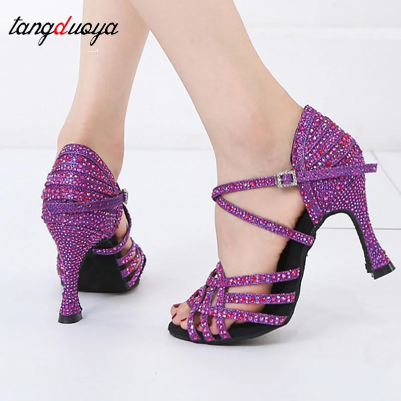 Women's Latin Dance Shoes Tango Ballroom Dance Training Shoes Lady Girls Sandals Rhinestone Wedding High Heels Purple/Black/Skin