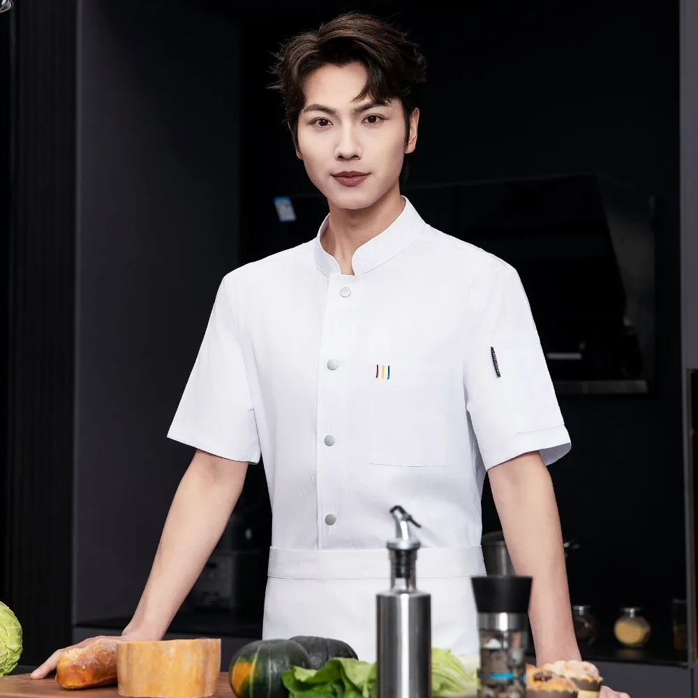 

2025 Summer Stretch Mesh Chef Uniform - Short-Sleeve Button-Down Workwear for Hotels & Canteens (Unisex)