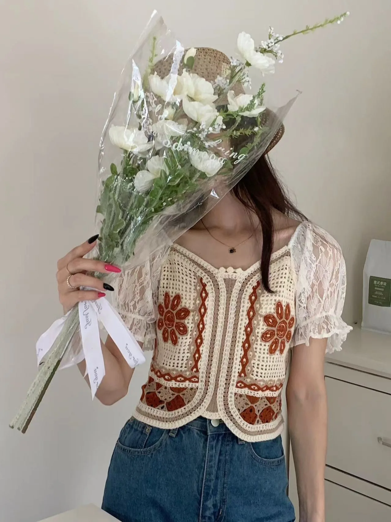 Embroidery Floral Lace Blouse Puff Sleeve Sweetheart Neck Smocked Back Crop Crochet Top Summer Women Teen-girl Fairycore Outfit