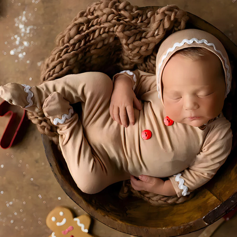 

1 set Gingerbread Man Long Sleeve Bodysuit Newborn Baby Romper With Hat Christmas Outfit For Photography Xmas Infant Wear