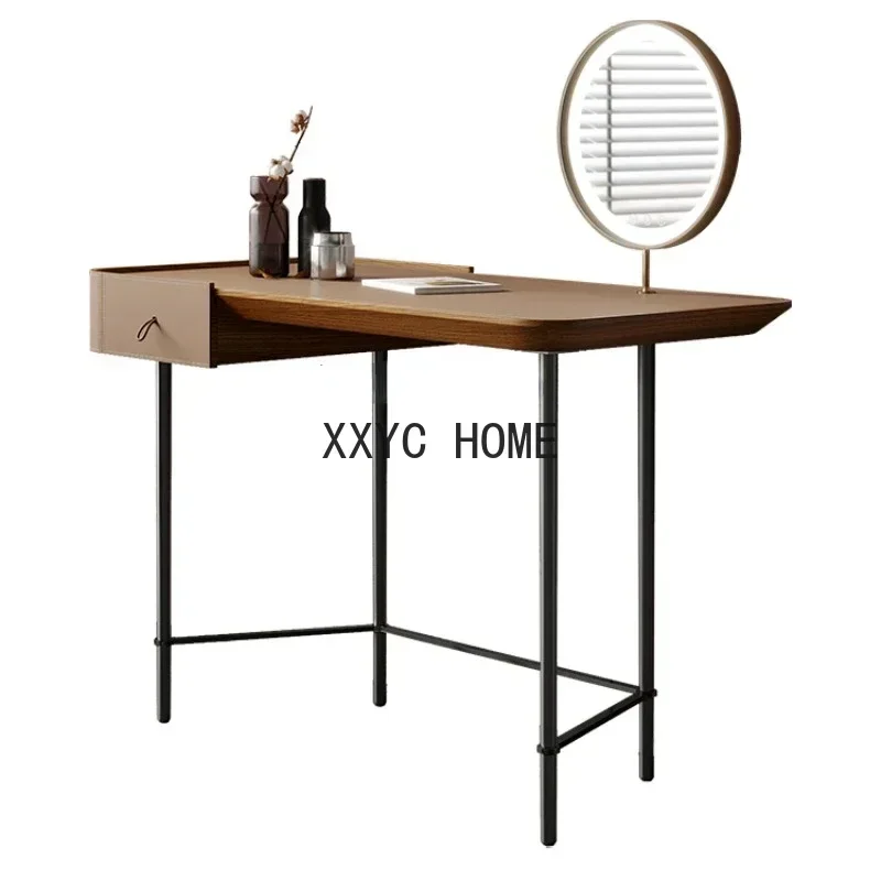 Italian Minimalist Saddle Leather Dresser Modern Light Luxury Stainless Steel Creative Dresser with Makeup Mirror
