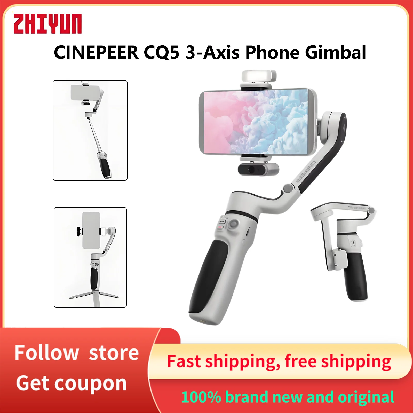 

ZHIYUN CINEPEER CQ5 3-Axis Phone Gimbal with AI Face Tracking Voice & Gesture Control and Magnetic Fill Light for Smartphone