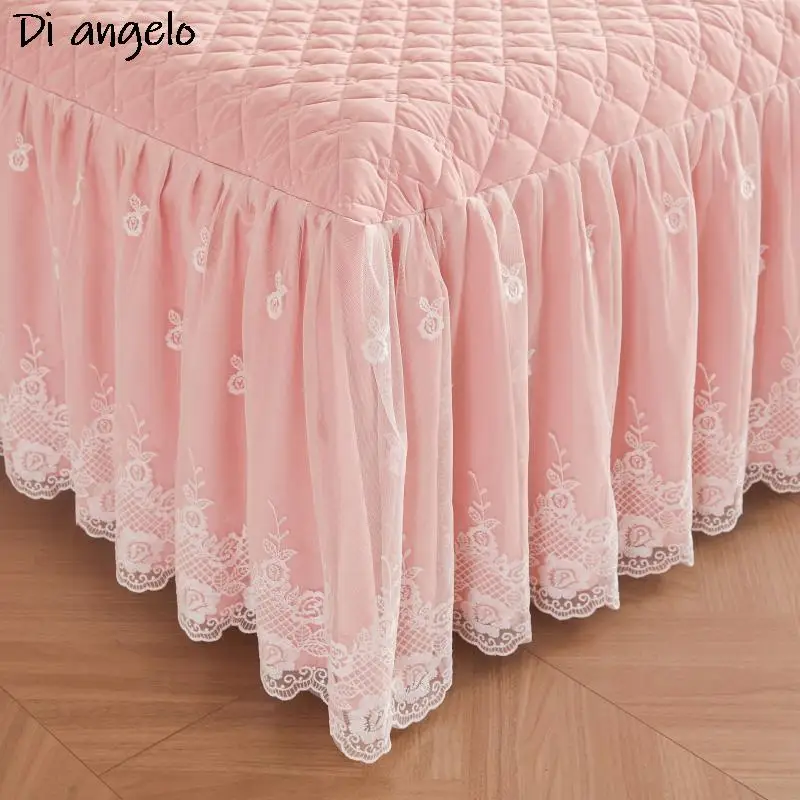 Gonna da letto ispessita di lusso rosa, lenzuolo in pizzo ricamato, coperta di copertura, gonna, federe, King, Queen, Twin, # /L