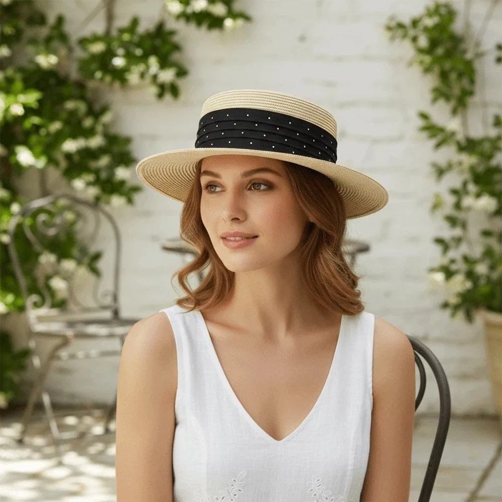 

Fashion Korean Style Straw Woven Hat Wide Brim Flat Brim Sunscreen Bucket Hat Sunshade with Rhinestone Women's Sun Hat Ladies