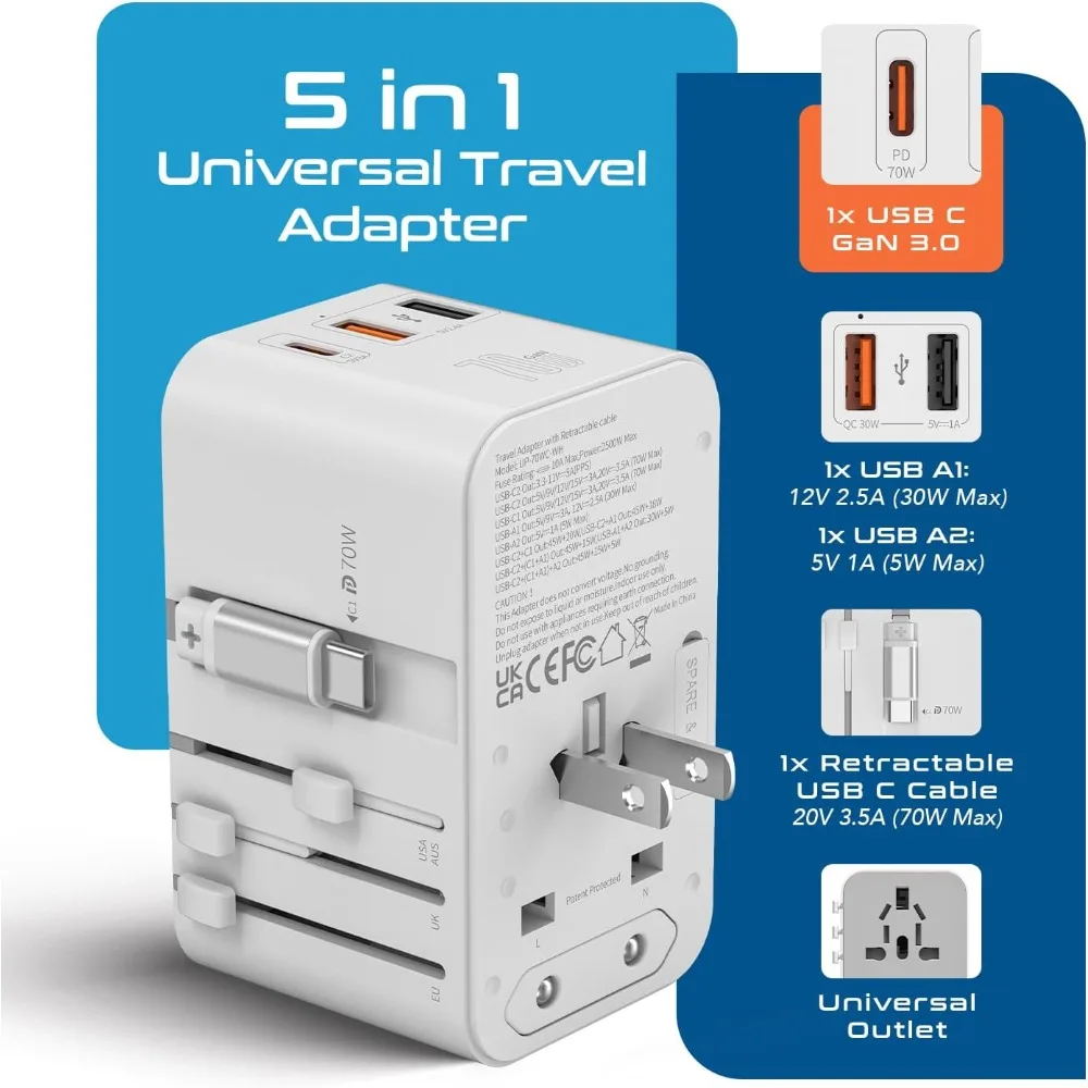 70W Global Travel Adapter with 65cm Retractable USB-C Cable, Dual USB-A Ports (One with QC 3.0), and 1 USB-C Port for 70W Power