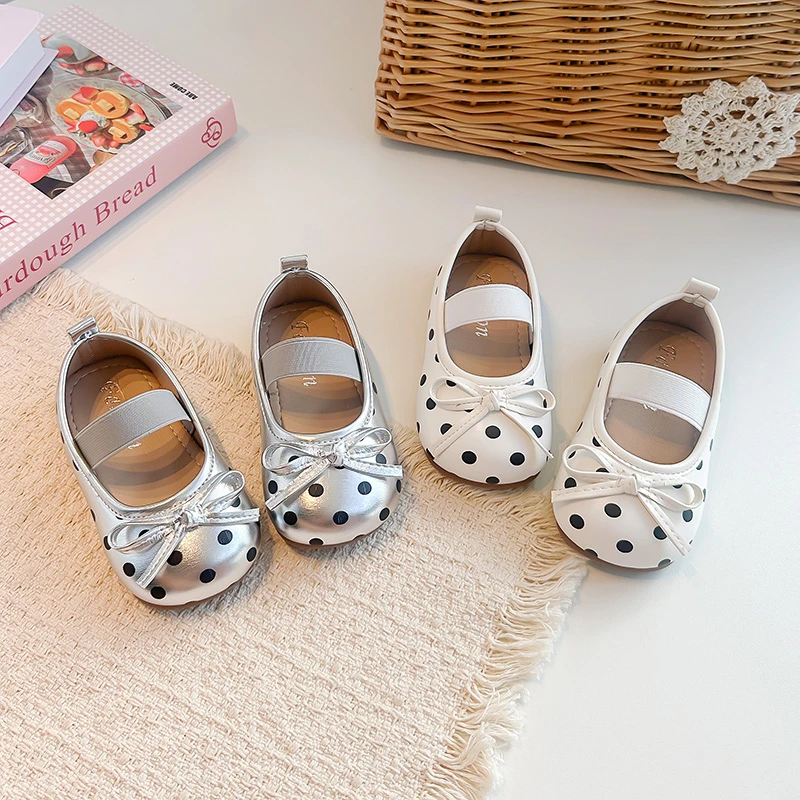 Spring Autumn Toddler Girls Black Polka Dot Mary Jane Shoes Bow Elastic Strap Non-Slip for Daily School Outdoor Casual Wear