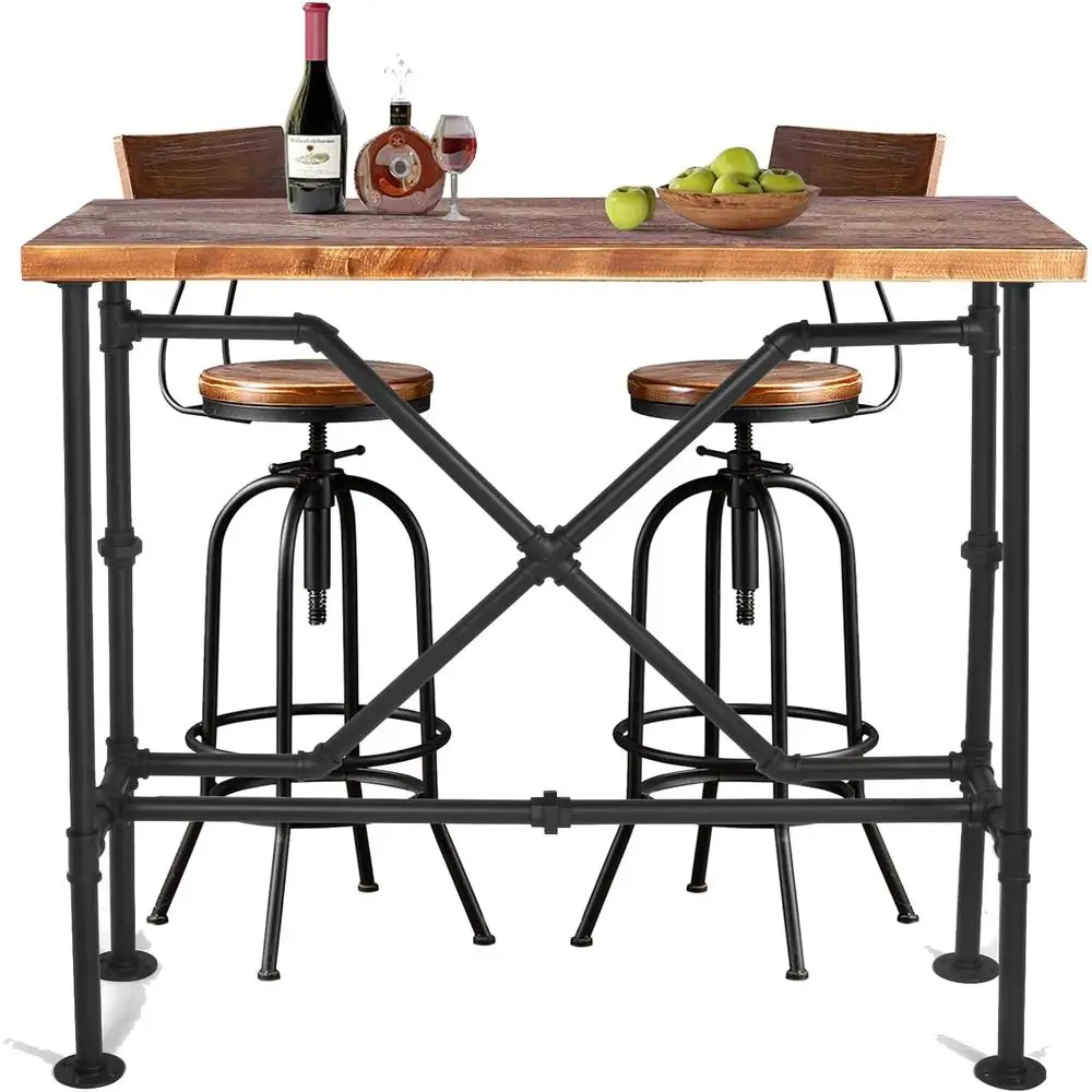

Industrial Rustic 3-Piece Dining Set: Metal & Wood Pub Table with 2 Swivel Stools for Home Office or Bistro