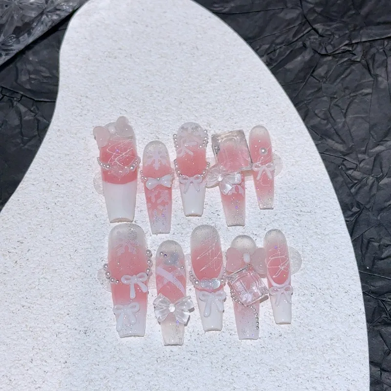10 pièces doux rêveur fait à la main presse sur les ongles perle flocon de neige arc dentelle Lolita français faux ongles amovibles réutilisables