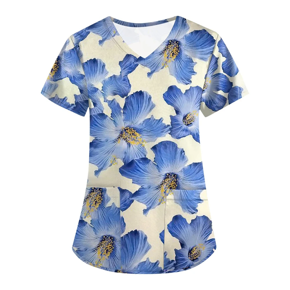 Surgical Uniforms Woman Fashion Floral Print Comforts Dental Nurse Tops Casual V-Neck Short Sleeve Vet Spa Nurse Uniform Woman