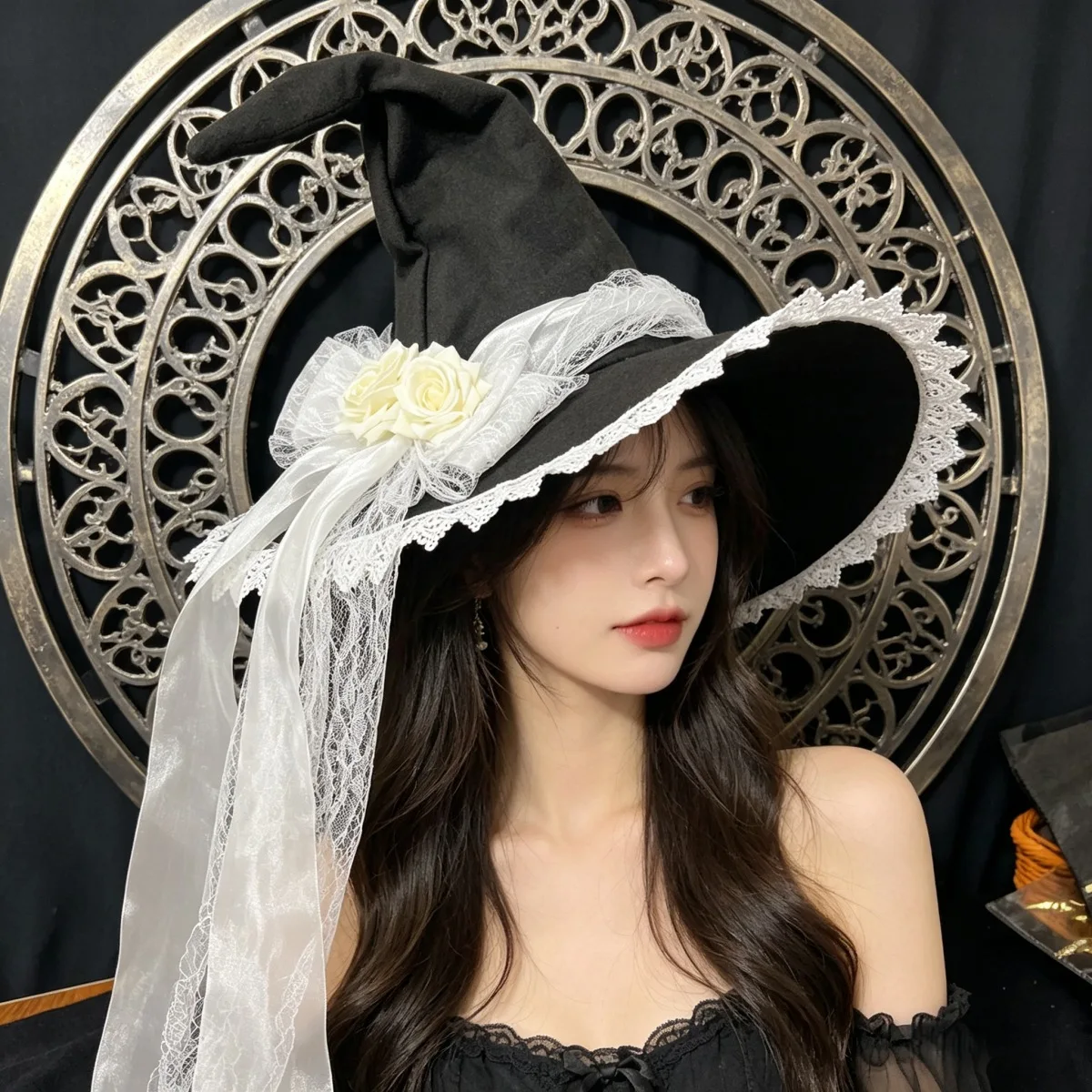 Halloween Baroque Witch Hat Mesh Simulation Flower Dress Up Accessories Gothic Lolita Cosplay Witch Makeup Ball Party Hats