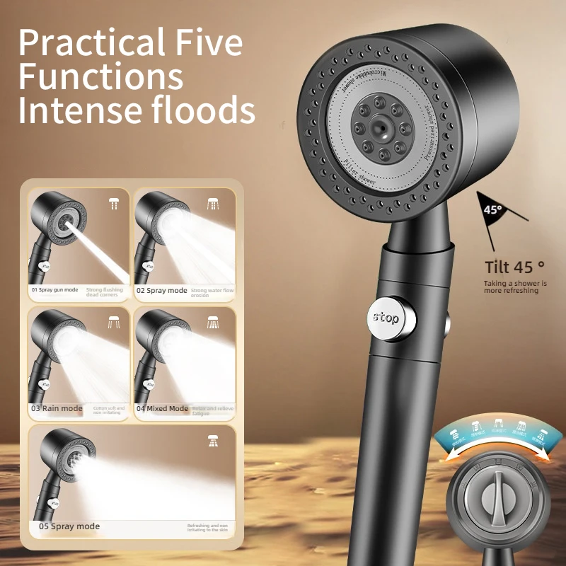 Nuevo cabezal de ducha con filtro de alta presión de 5 modos, ahorro de agua con botón de parada, cabezal de ducha de mano, accesorios de baño