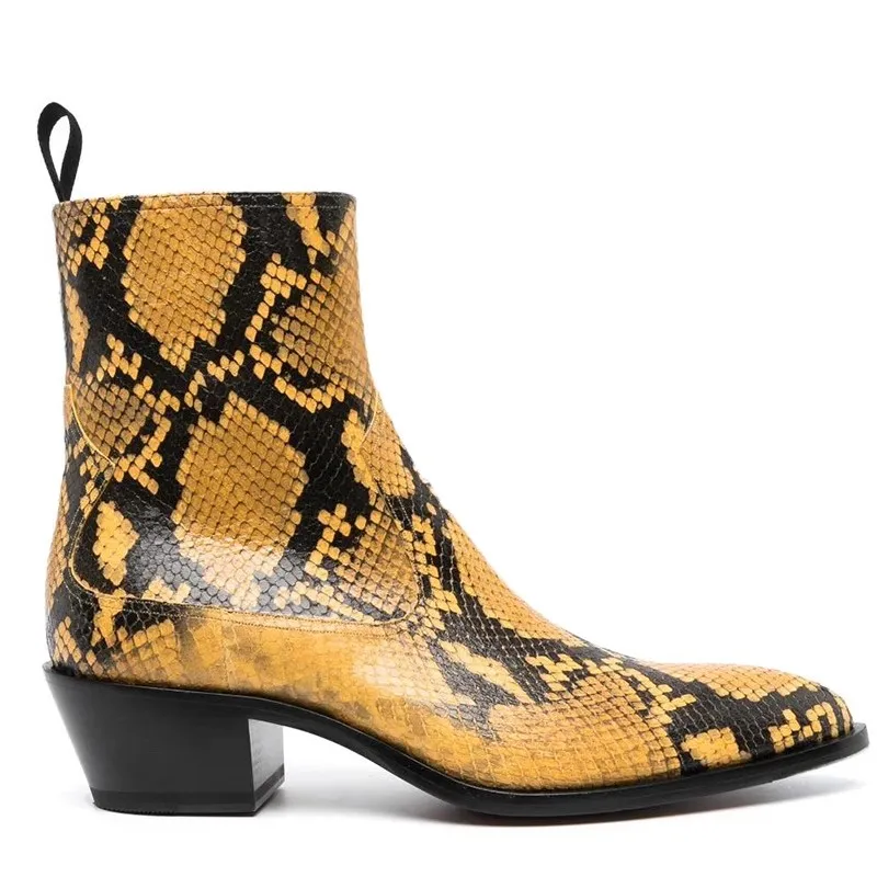 British Red Yellow Snake Cow Leather Man Chelsea Boots Pointed Toe Men Square Heel Slip On Python Ankle Boots Zapatos Hombres