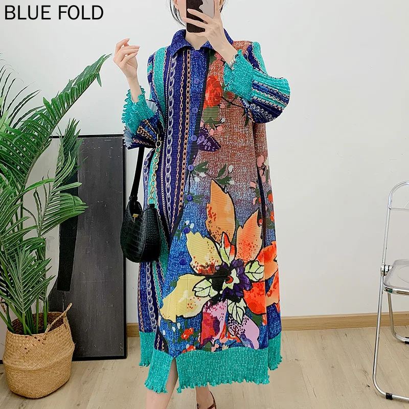 

MIYAKE-Printed Lapel Long Windbreaker Women Spring and Autumn Fashion Loose Large Size Lace-up Printed Slimming Pleated Cardigan