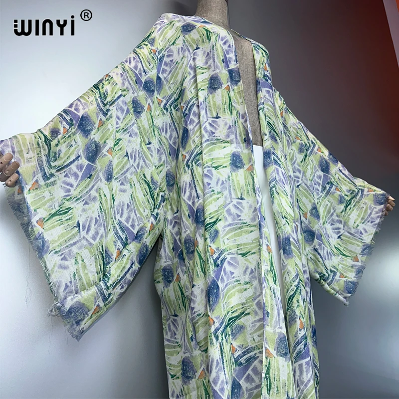 WINYI ボヘミアンプリント着物カーディガン レディースコート ルーズロングコート ホリデービーチカバーアップ パーティードレス 高級ドバイアバヤマキシドレス