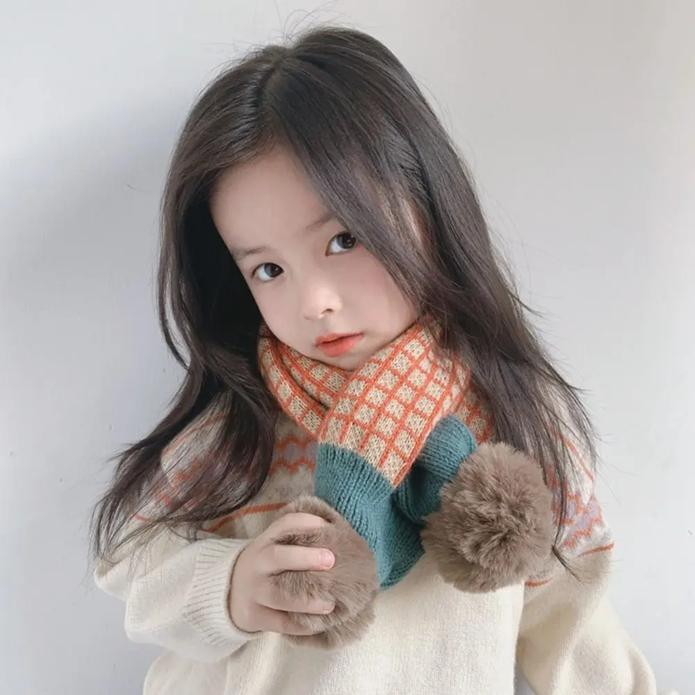 Soft Pompon Trim Plaid Knitted Scarf Warm Thicken Fabric Stripe Pattern Warm Neckerchief Warm Neck Cover Children Cross Scarf