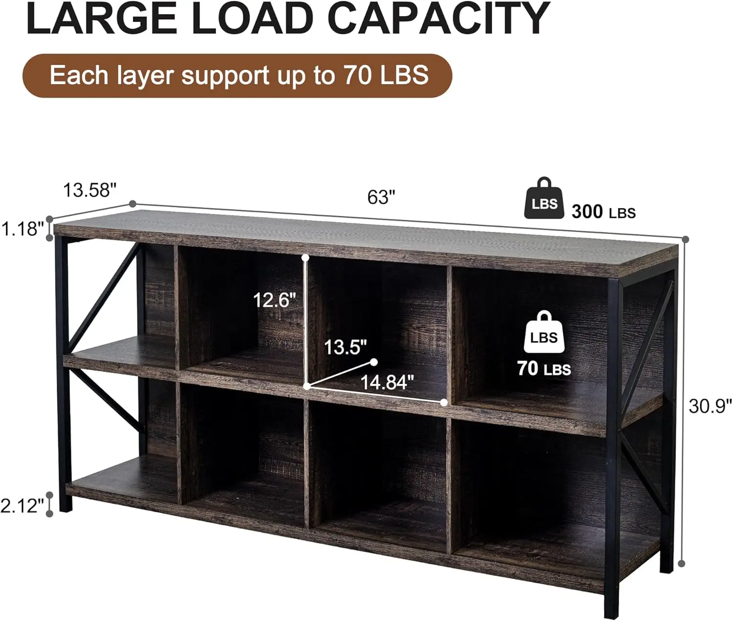 8 Cube Storage Organizer Bookshelf, Industrial Horizontal Bookcase, Accent Cubby Shelf, Media Console Table For Living Room,