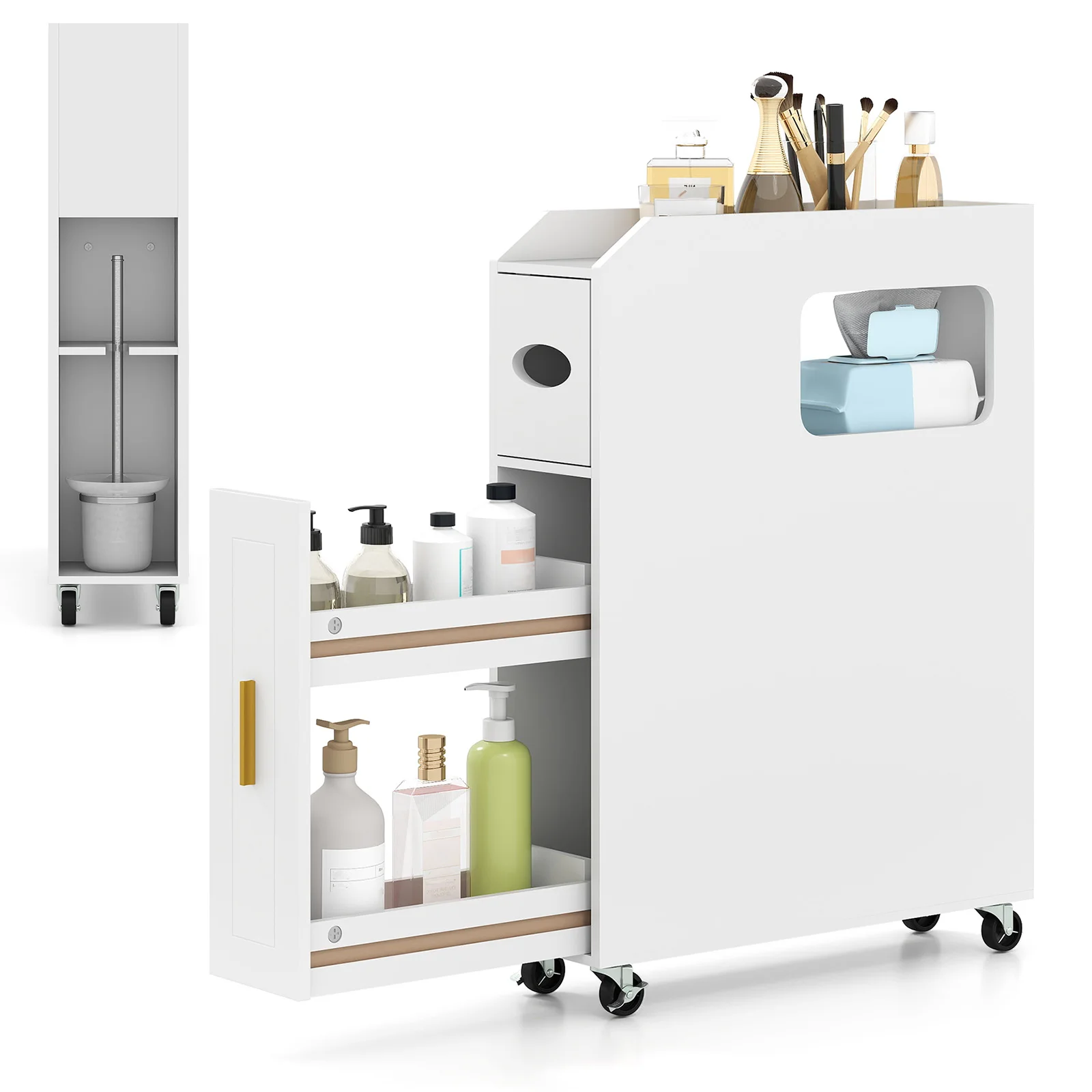 Badezimmerschrank mit Schublade auf Rollen, Kleiner Badezimmerschrank mit Taschentuchbox & Bürstenhalter, Badezimmerschrank aus Holz