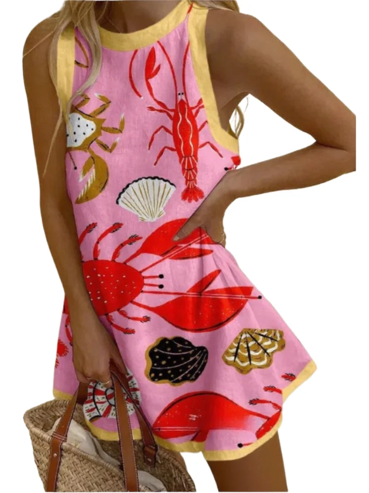 

Summer Sweet Print Dress For Women's Casual O Neck Sleeveless Loose Mini Dresses 2025 Gril Holiday Beach Vestidos Para Mujer