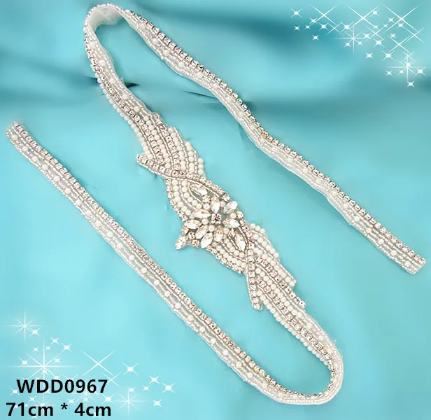 

(30PCS) Wholesale rhinestone pearl applique belt iron on for wedding dress clothing sewing WDD0967