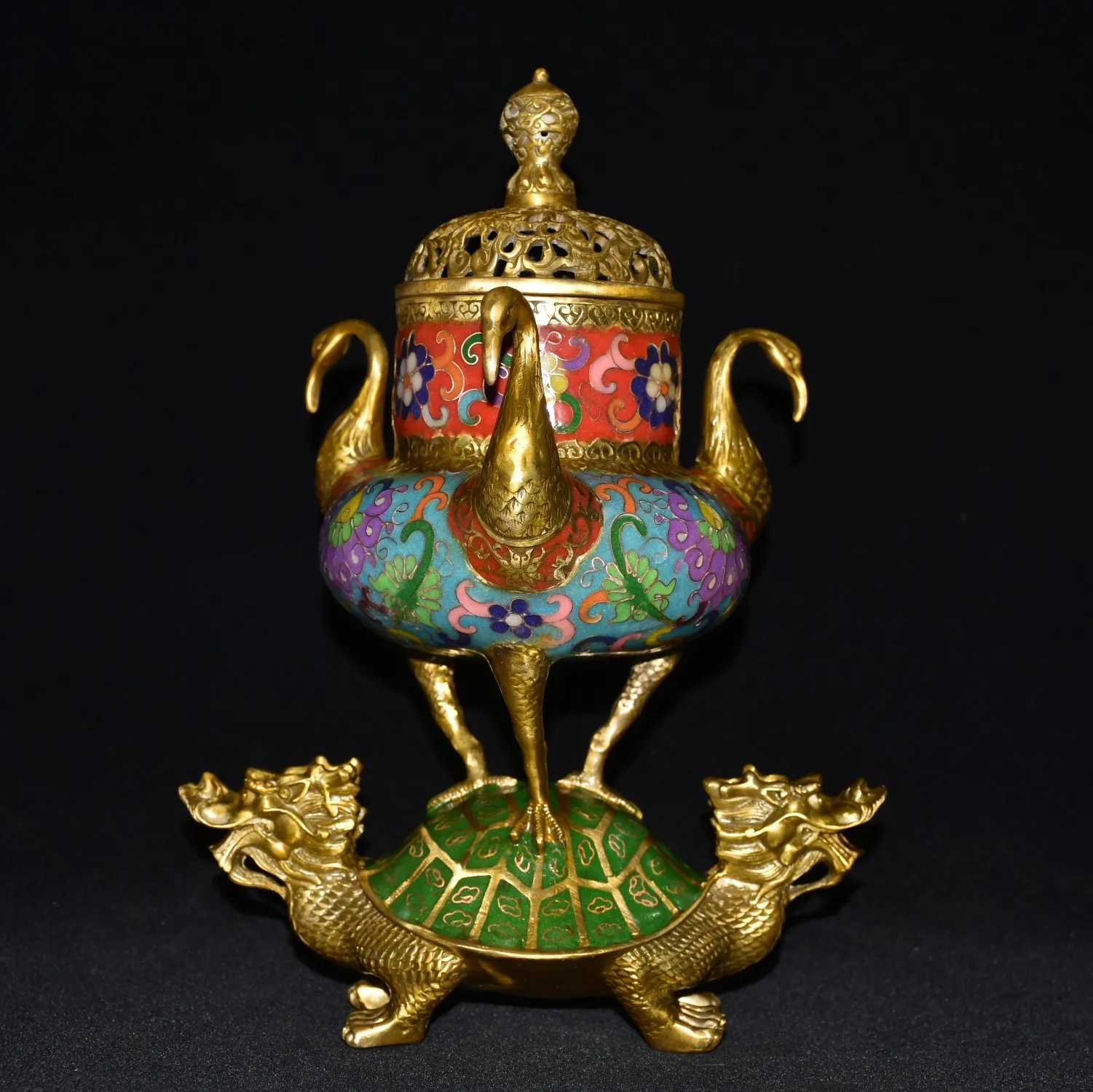 

11"Tibetan Temple Collection Old Bronze Cloisonne Enamel Three Crane Tread Dragon Turtle statue incense burner Gather fortune