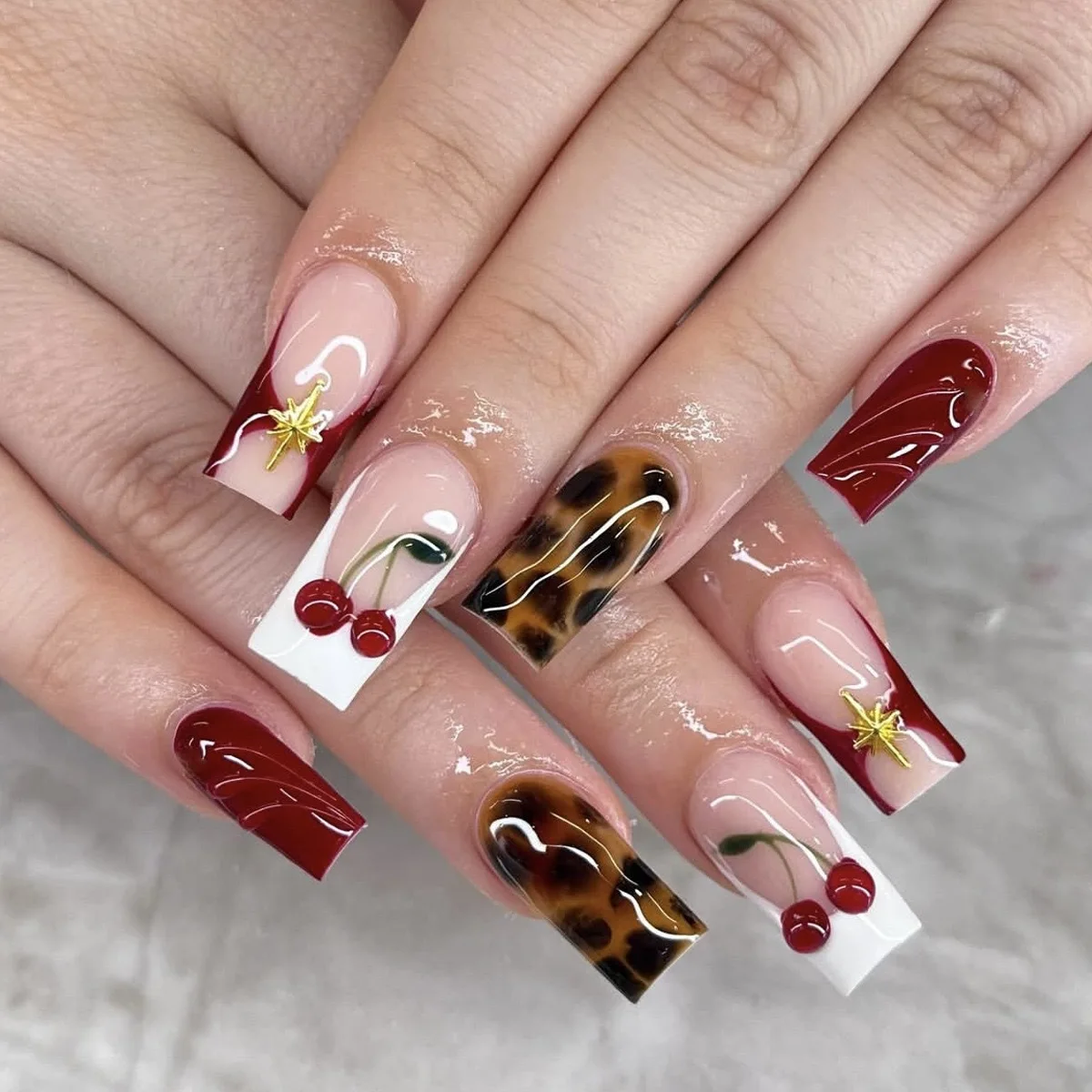 24pcs Leopard Print False Nails Sets Simple Long Square Fake Nail French Press on Nails with Cherry Design Manicure with Glue