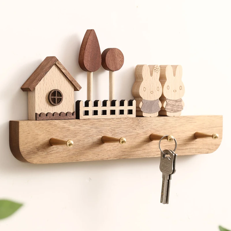 Wooden Key Holder, Wall Mounted Key Holder with Brass Hooks, Rustic Cute Rabbit Key Coat Hat Rack, Kids Room Wall Storage Rack