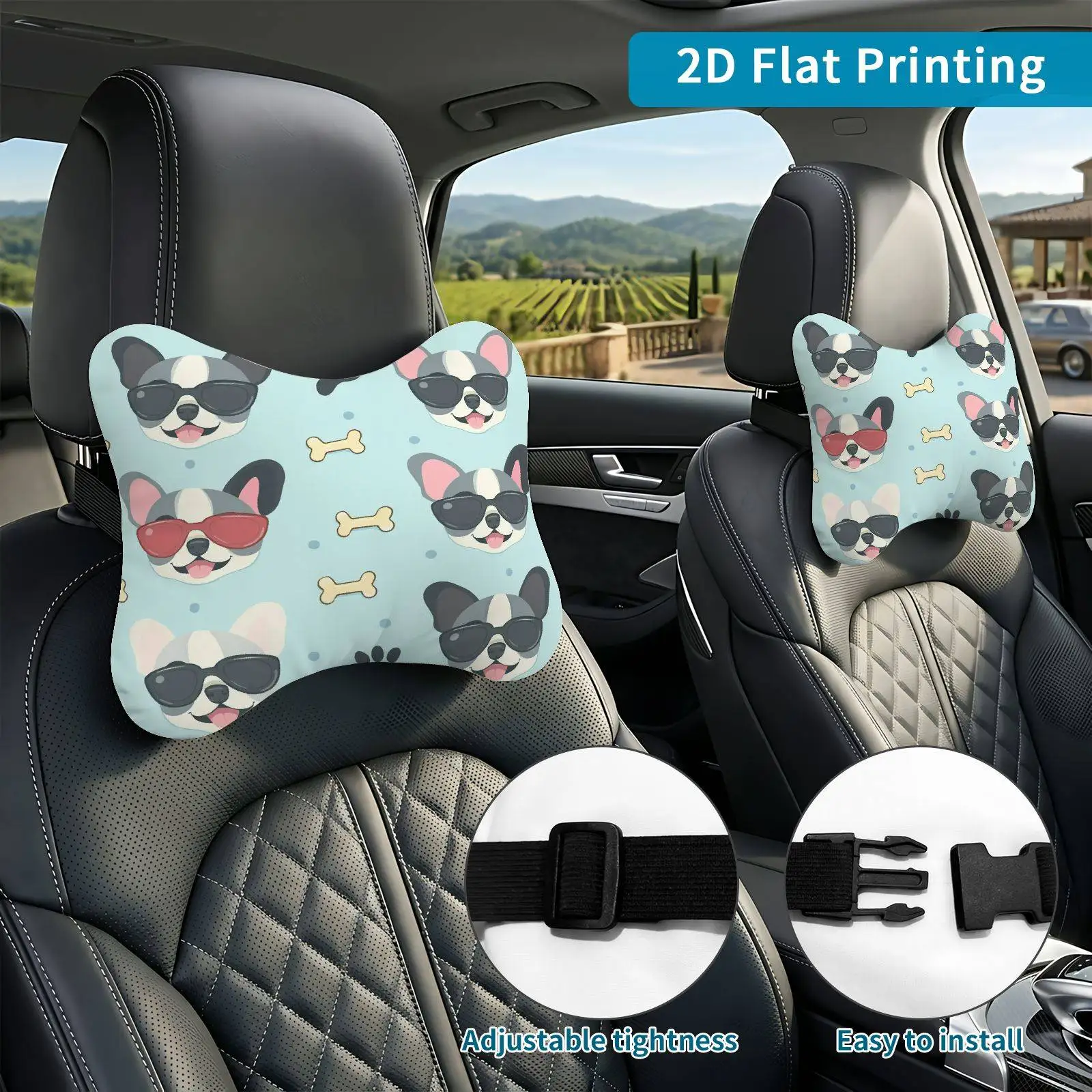 2pcs Dog Print Bone Pattern Stylish Car Seat Headrest, Neck Support Cushion, Suitable For All Seasons Of Car Additions, Comforta
