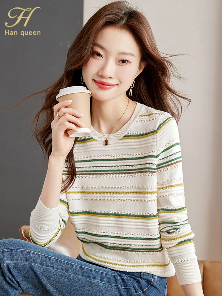 H Han Queen 2024 Spring Autumn Women\'s Sweater Elegant Stripe Long Sleeve Office Vintage Pullovers Loose Casual Women\'s Clothing