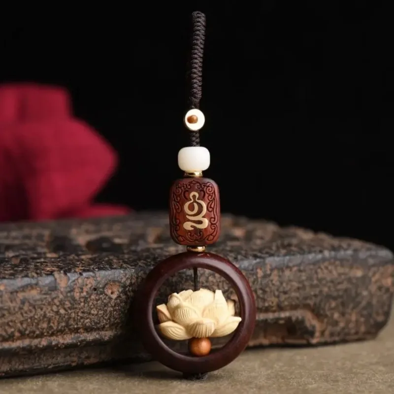 Mini Wooden Buddha Statue Lucky Lotus Keychain Pendant Accessories Holiday Gift