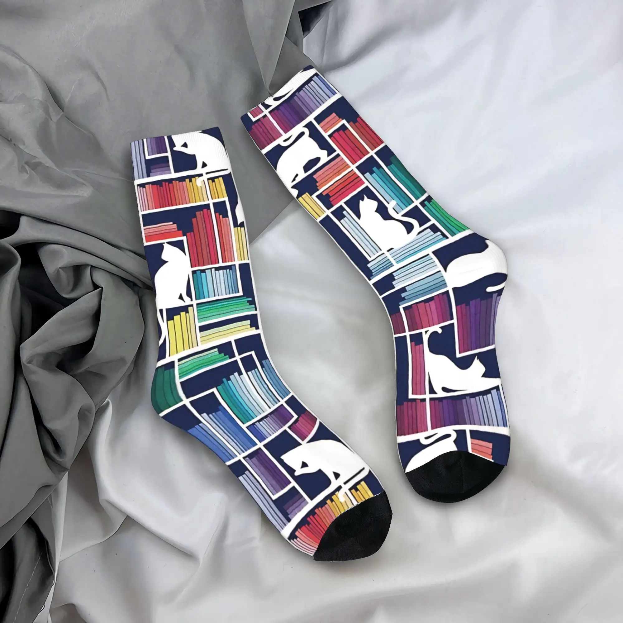 

Rainbow Bookshelf Navy Blue Background White Shelf And Library Cats Socks Books Stockings Winter Anti-Slip Adults Men Socks