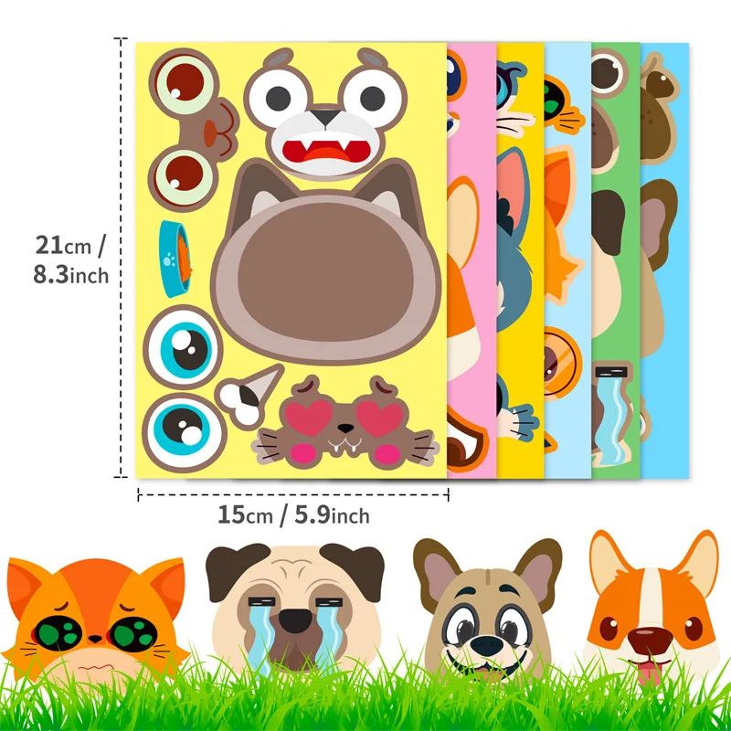 6-24sheet Make Dog Face DIY Puzzle Stickers Kids Classic Toys Creative Make Your Own Animal Stickers Children Crafts Party Favor