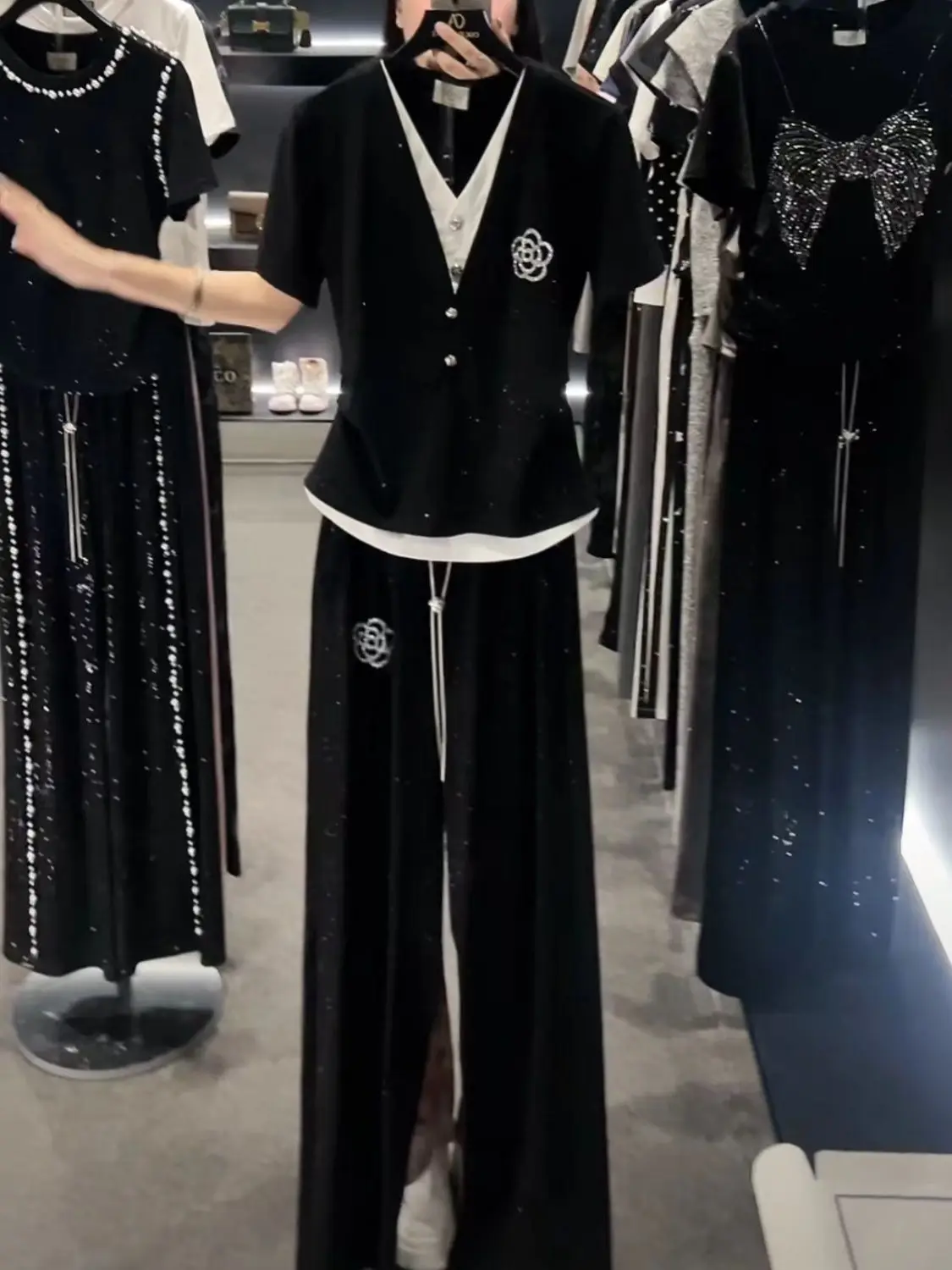 Lazer esportes terno feminino verão com decote em v manga curta topo de cintura alta calças de perna reta conjunto de duas peças