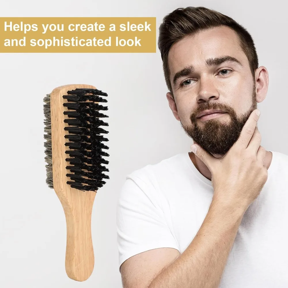 Brown Double Sided Beard Brush Rubber Wood Handle Nylon Side Mustache Brush Ergonomic Handle Detangling Bristle Beard Brush