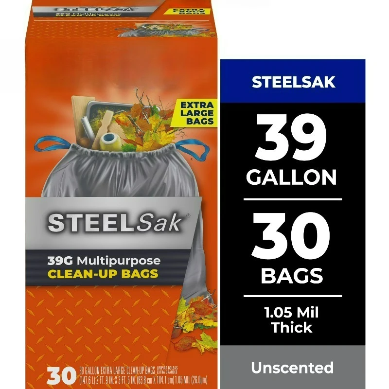 

Heavy Duty Large Trash Bags, Gray, Unscented, 39 Gallon, 30 Count