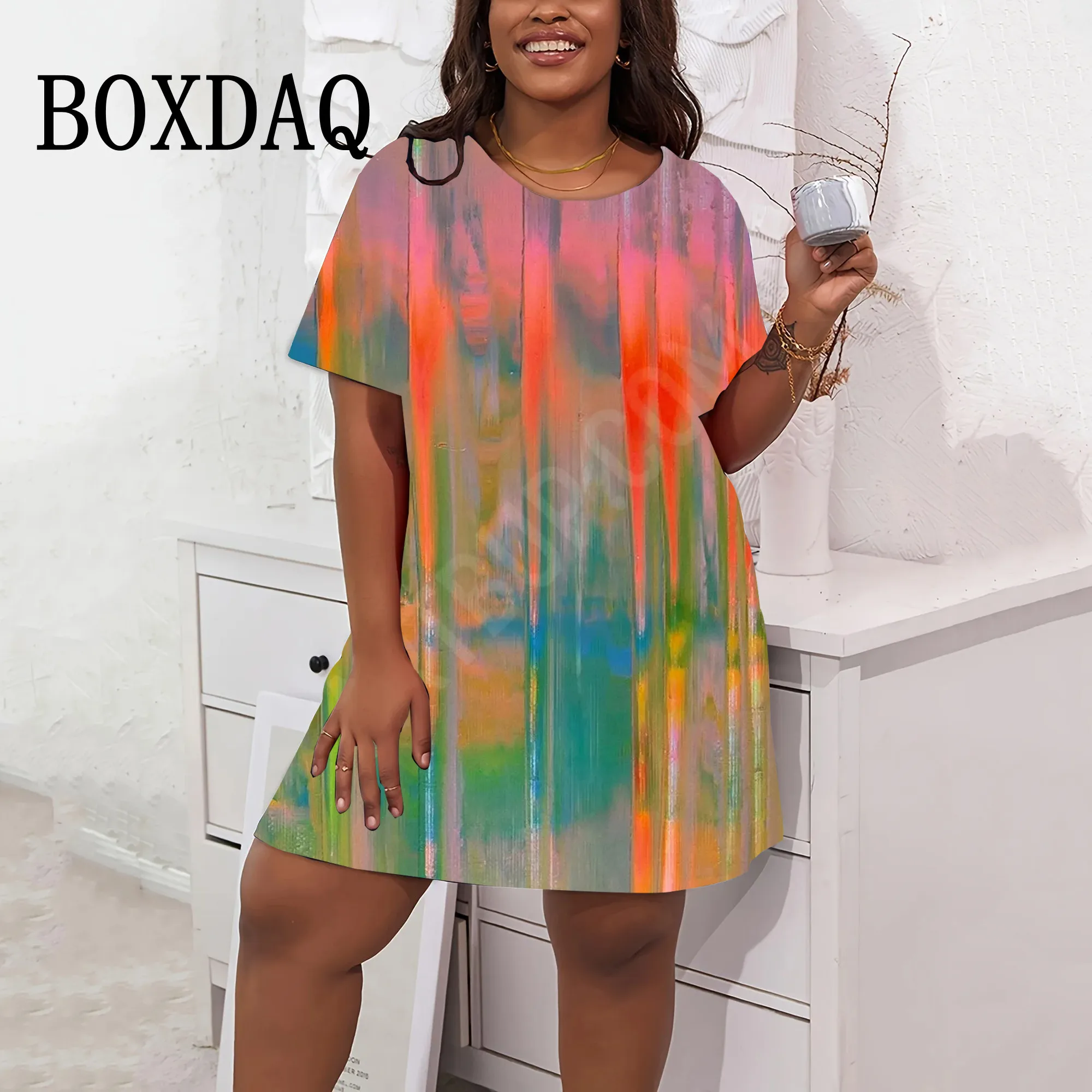 

Graffiti Painted Striped 3D Printed Dress Summer New Women Fashion Short-Sleeved Dress Streetwear Casual Plus Size Dresses 9XL