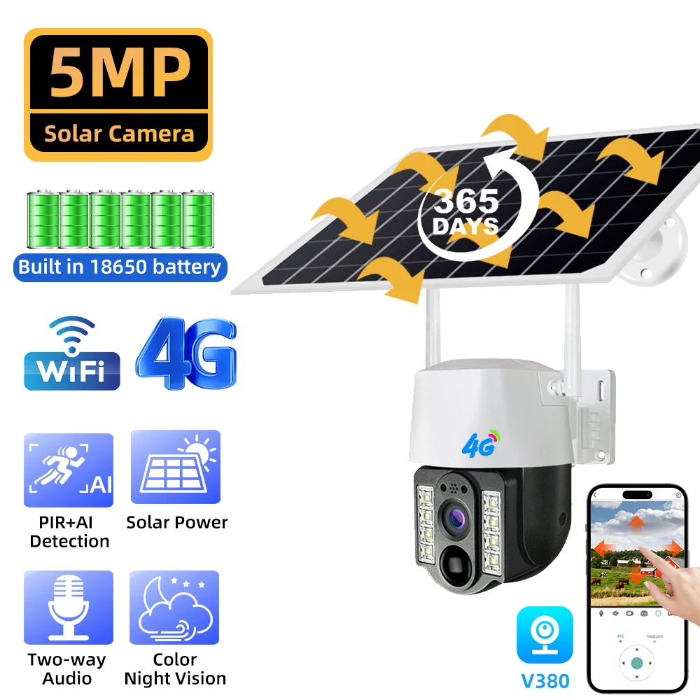 

5MP Solar Battery Outdoor 4G IP Surveillance Camera Built-in Battery Video Surveillance Human Detection PTZ CCTV V380 PRO