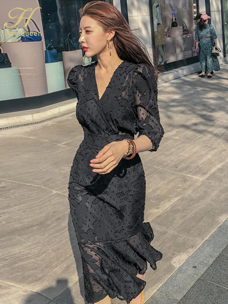 H Han Queen Hot sale Korea Women Party Dress Autumn Fashion Office Chic Chiffon Half Sleeve Ruffles Bodycon Mermaid Midi Dresses