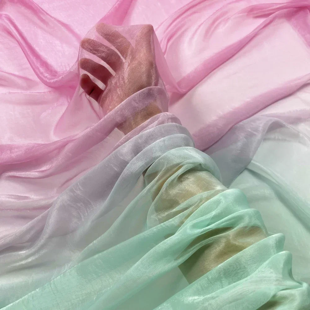 Gradient Chiffon Fabric By The Meter for Wedding Dress Hanfu Sewing Breathable Printing Elegant Silk Crepe Gloss Cloth Soft Skin