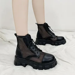 Stivali da donna di lusso in rete nera con lacci 2024 nuovi stivaletti da donna Punk gotici scarpe con plateau stivali estivi da donna taglia 40