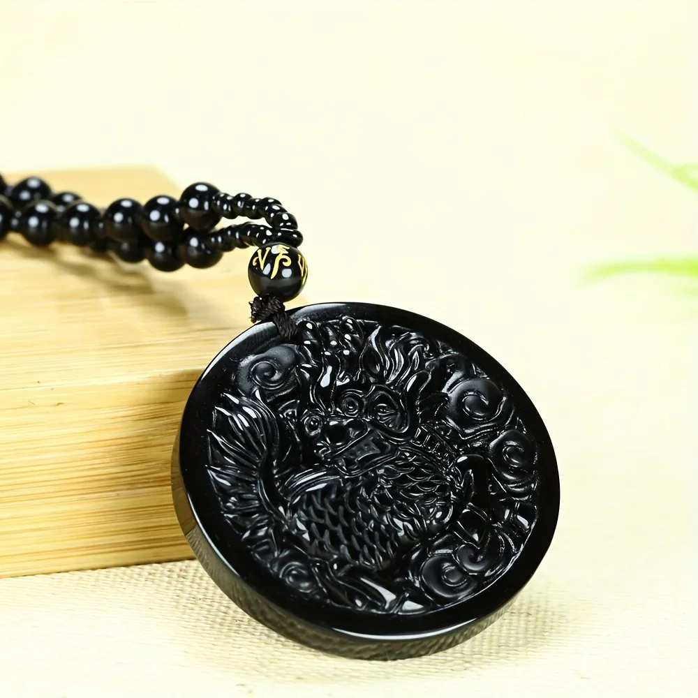 Elegant Obsidian Qilin Pendant Necklace - Chinese Mythical Qilin Amulet - Natural Stone Unplated Lucky Beast Amulet