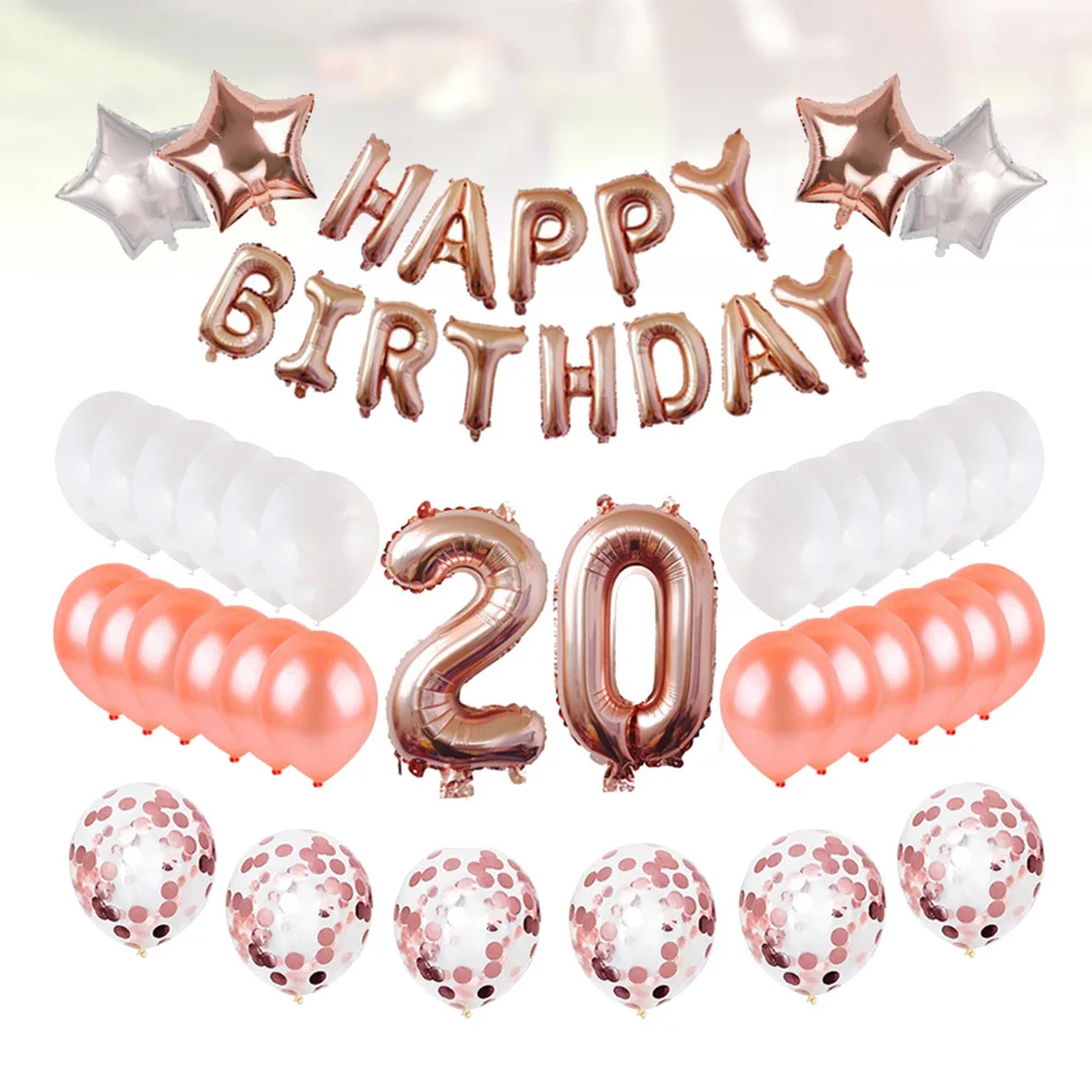 

20 Years Old Birthday Balloons Decor Set Rose Gold Foil and Latex Star Shape Happy Birthday 20 Design for Party Gathering