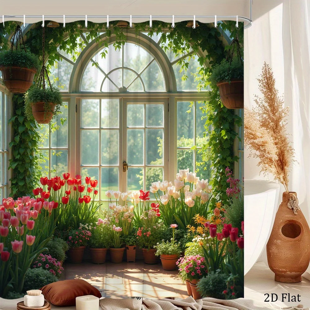 1pc a Greenhouse-Themed Shower Curtain Featuring Tulips, Made from Polyester Fabric for Bathroom Decoration. It Showcases an Arc