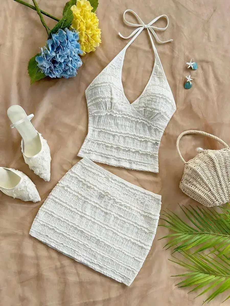 Womens 2-Piece Vacation Set: Halter Neck Floral Top & Matching Skirt, Beach Summer Outfit view 5