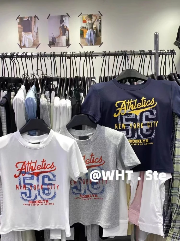 

Dongda Gate, новая летняя американская футболка с буквенным принтом и подкладкой oulder ort Sve, женская облегающая футболка, универсальная круглая футболка...