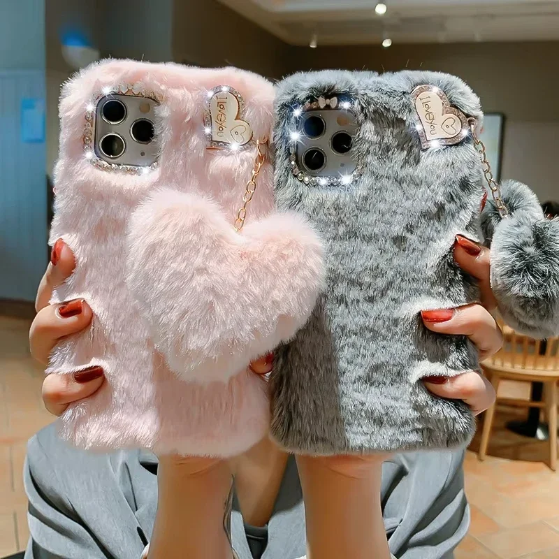 Plush love Phone Case For iPhone16 11 12 13 14 Pro XR X Xs Max mini 7 8 6 6s Plus MAX SE 3D Fur Anti-drop protective Back Cover image 2