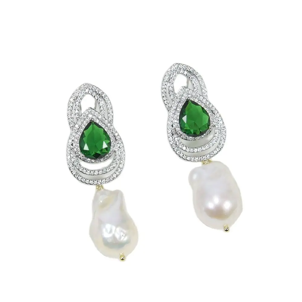 G-G Cultured Nucleated Flameball White Baroque Pearl Earrings Green Cubic Zirconia Micro CZ Paved Rhinestone Stud Lady Earrings