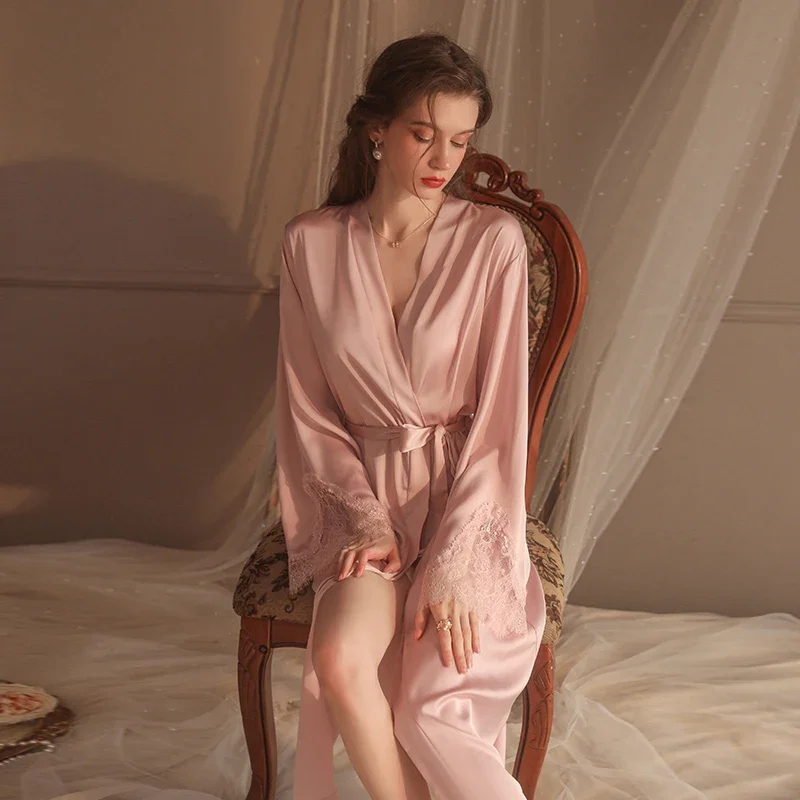 

MECHCITIZ New Silk Robes Satin Lace Lingerie Autumn Pajamas Bridesmaid Bride Wedding Long Robe Sexy Sleepwear Home Bathrobe