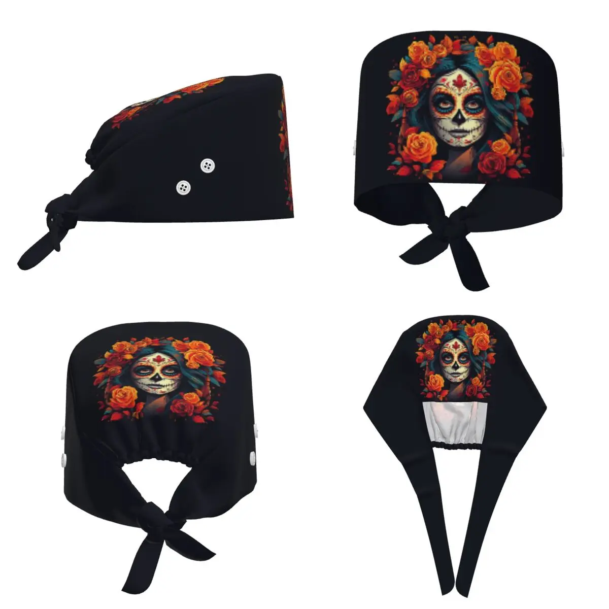 Mexican Skull Calavera Illustration Scrub Hat Doctor Working Surgical Cap Unisex Adjustable Nursing Caps for Dentist